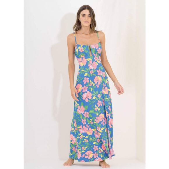 Maaji Zandra Star Flower Sleeveless Lace Back Maxi Dress Blue L - Picture 1 of 10